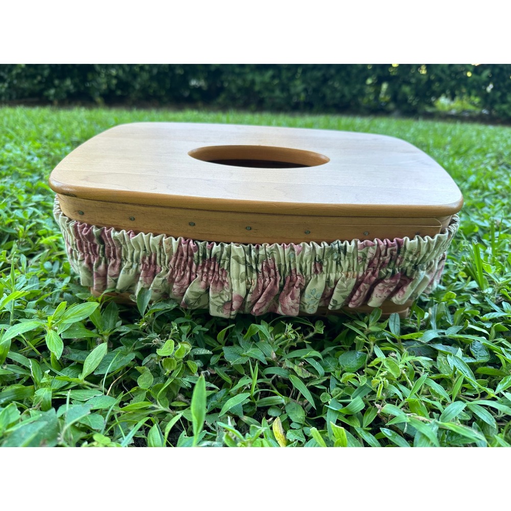Longaberger Woodcrafts Woven Basket Tissue Box Cover Wood Lid Floral Liner